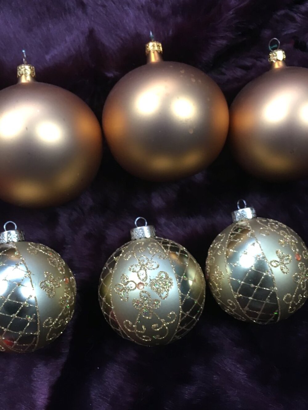6 Vintage Christmas Glass Ornaments Set Bronze Gold Champagne Glitter Estate Lot